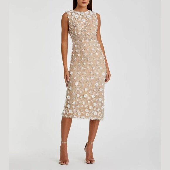 Mac Duggal 67853 Size 14 White Beige Nude 3D Floral Sleeveless Midi Sheath Dress - Picture 2 of 4